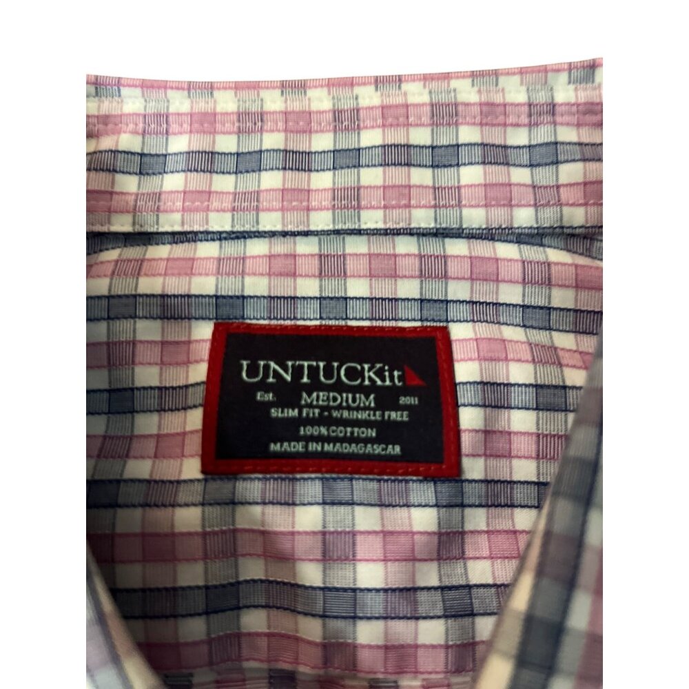 Untuckit Shirt Mens M Slim Fit Wrinkle Free Blue Pink Plaid Long Sleeve Used - Picture 7 of 13